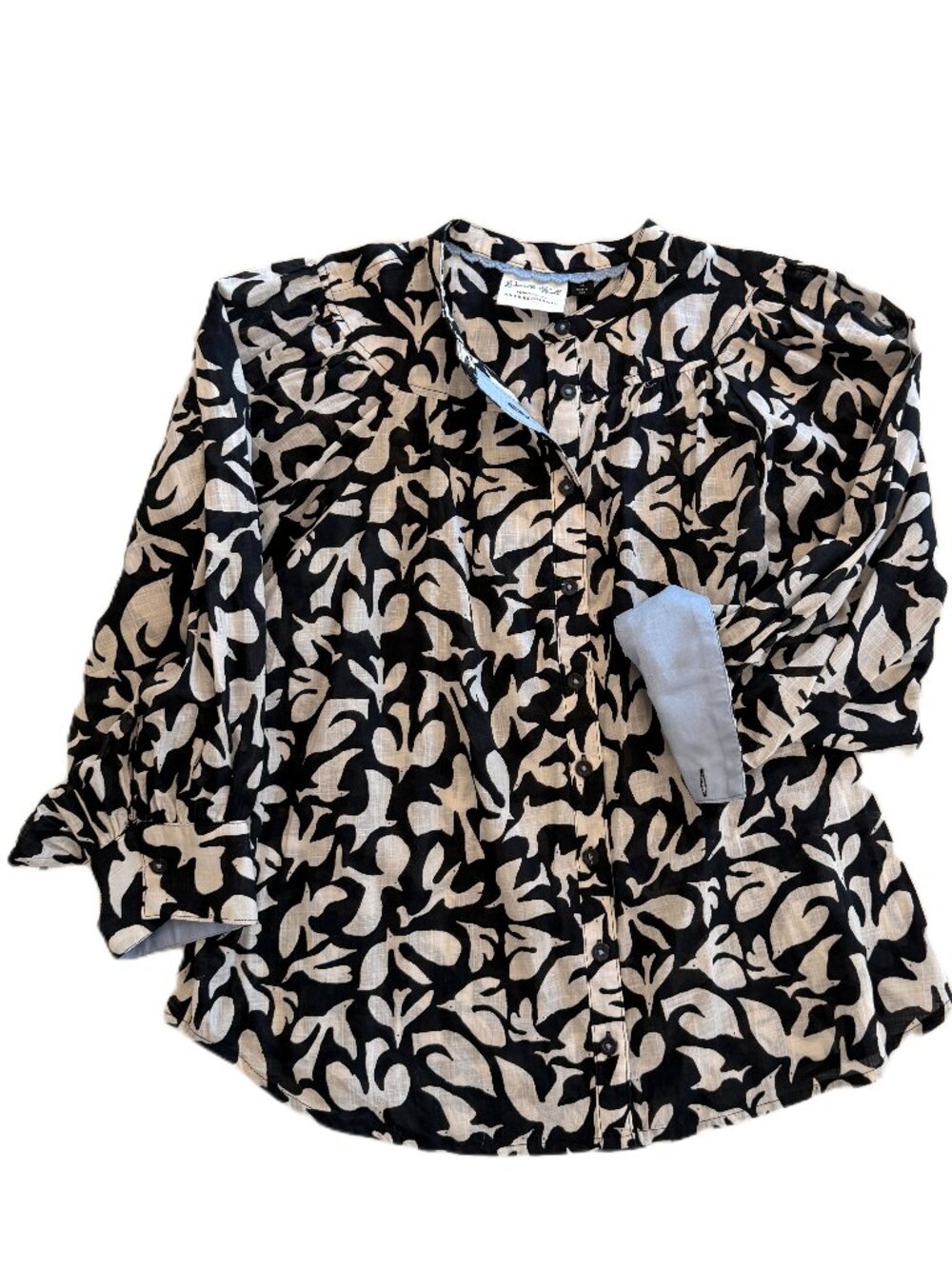 Anthropologie Danielle Kroll XS Bird Print Blouse Black White Button Front Top